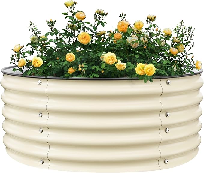 Round Raised Garden Bed Kit, 3.5x3.5x1.4Ft Outdoor Zinc-Aluminum-Magnesium Metal Flower Beds Stainless Steel Patio Ground Planter for Planting Vegetables (Ivory)
