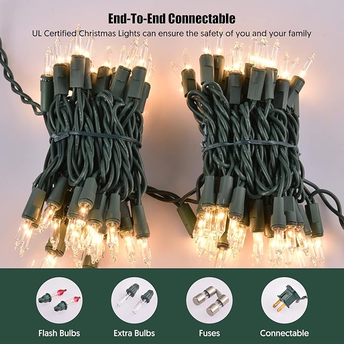 Christmas Lights Clear White 100 Count Incandescent Lights UL Certified Connectable Christmas Tree Lights with Green Wires for Indoor Outdoor Xmas, Wedding, Holiday, Party, Home Decorations