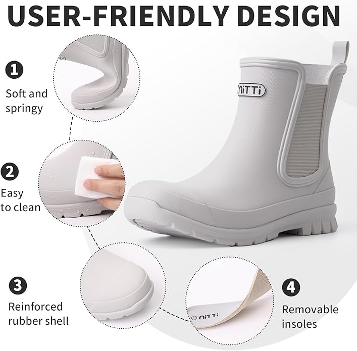 NITTI Women's Waterproof Short Rain Boots Slip-Resistant Rubber Chelsea Garden Shoes with Comfort Insole