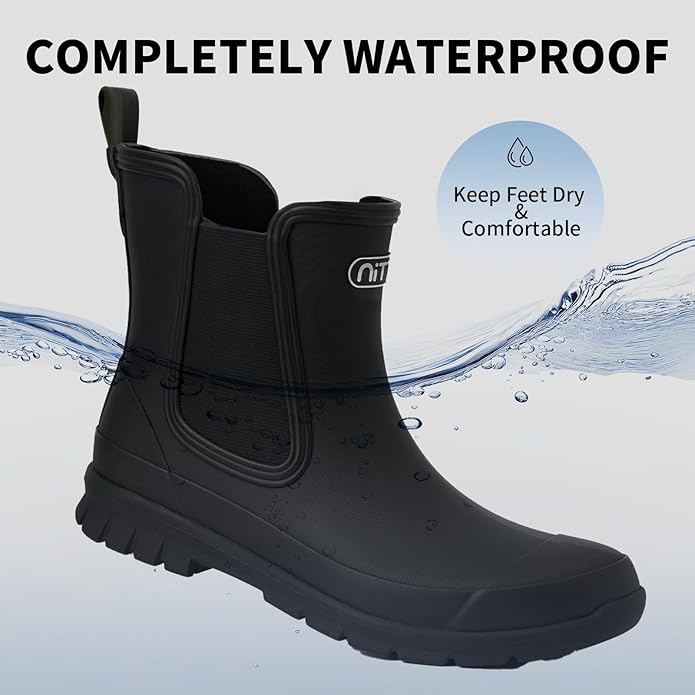 NITTI Women's Waterproof Short Rain Boots Slip-Resistant Rubber Chelsea Garden Shoes with Comfort Insole