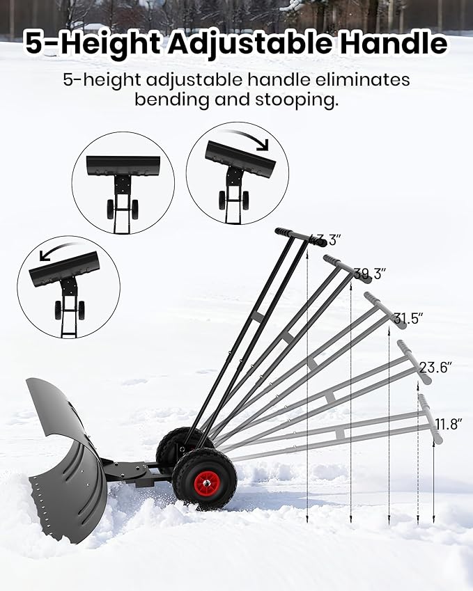 36" Snow Pusher Shovel with Wheels, Adjustable Ergonomic T-Handle Snow Plow for Driveway, Heavy Duty Wheeled Rolling Shovels for Driveway and Sidewalks with Angeled Blade