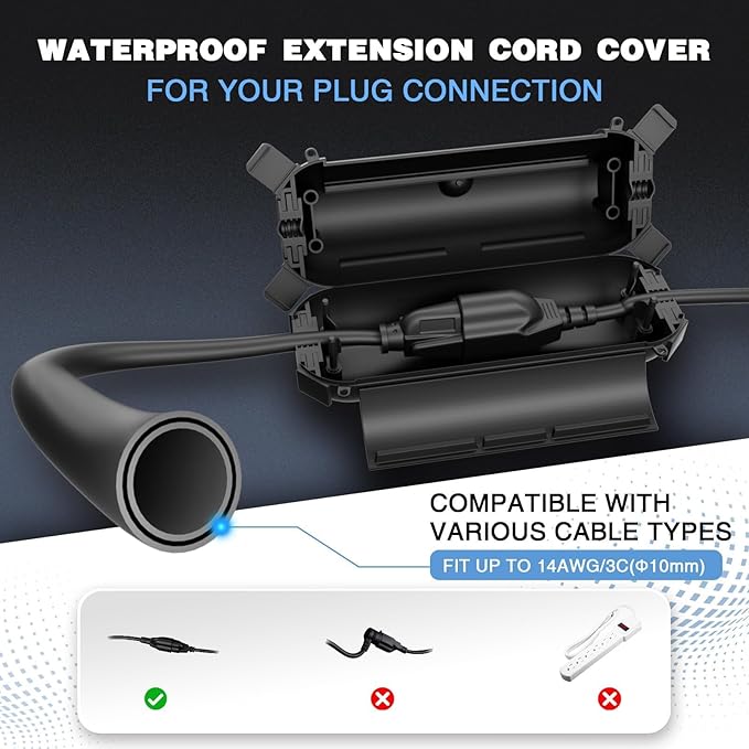 Flemoon [3 Pack] Outdoor Extension Cord Safety Cover with Waterproof Seal, Weatherproof Electrical Connection Box to Protect Outdoor Outlet, Plug, Socket, Christmas Holiday Decoration Light, Black