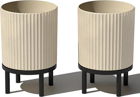 Veradek Demi Series Round Planter w/Stand for Porch/Patio | Durable Plastic-Stone Composite & Wooden Stand | Modern Décor for Tall Plants, Flowers