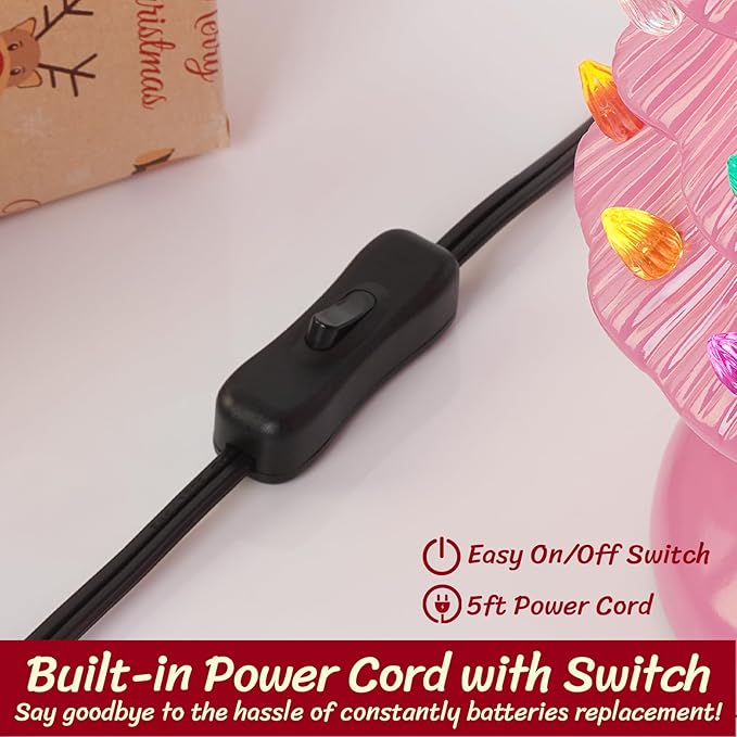 Lakumu 16.5" Table Top Christmas Tree, Hand Painted Resin Christmas Tree with Lights, Pre-lit Xmas Tree Decor Lighted Tabletop Decoration with Multicolored LED Bulbs, Ceramic-Like Finish, Pink