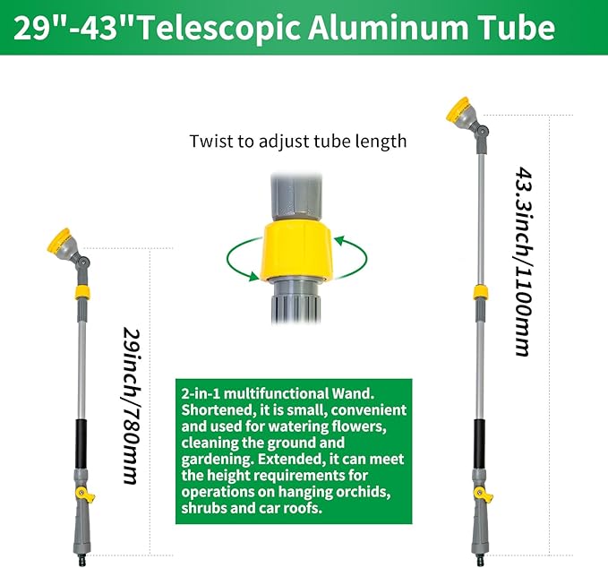29”-43”Long Telescopic Tube Metal Watering Wand,Water Hose Sprayer Nozzle,180° Swivel Head|10 Spray Patterns|Flow Control, Perfect Garden Hose Wand to Water Hanging Baskets, Shrubs
