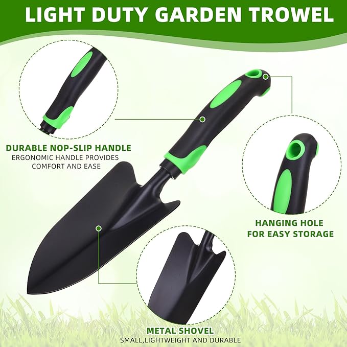 12 Pcs Garden Shovel Aluminum Alloy Heavy Duty Trowel Garden Tool Small Shovels for Digging Metal Hand Trowel Spade with Soft TPR Handle for Lawn Yard Farm Home Shop Planting (Green Black)