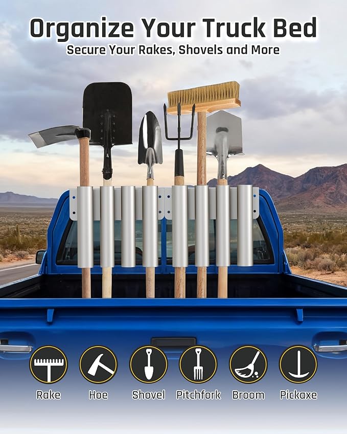 Wyckoff Heavy Duty 4-Hole Shovel Holder for Truck Bed & Trailer, Commercial Grade Steel Rack for Rake & Shovel, Secure Tool Box Mount Prevents Highway Loss for Landscaper, Gardener & Contractor