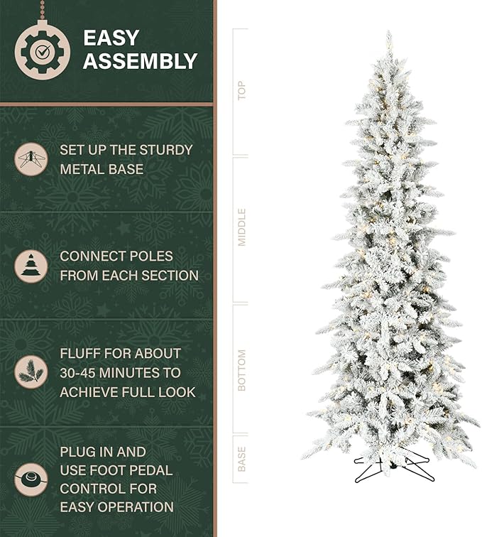 Fraser Hill Farm 7.5-Ft Slim Mountain Pine Flocked Artificial Christmas Tree with Dual Multicolor & White LED Lights & Stand, Prelit Skinny Fake Tree with Realistic Snowy Foliage, Home Holiday Décor
