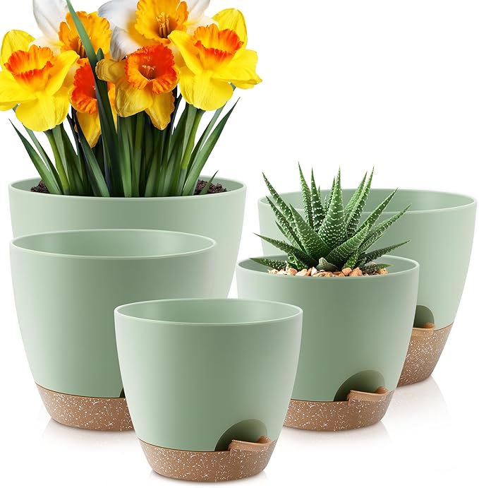 Plant Pots 10/9/8/7.5/7 inch, Self Watering Planters with Drainage Holes & Saucers for Indoor and Outdoor Plants (Green)