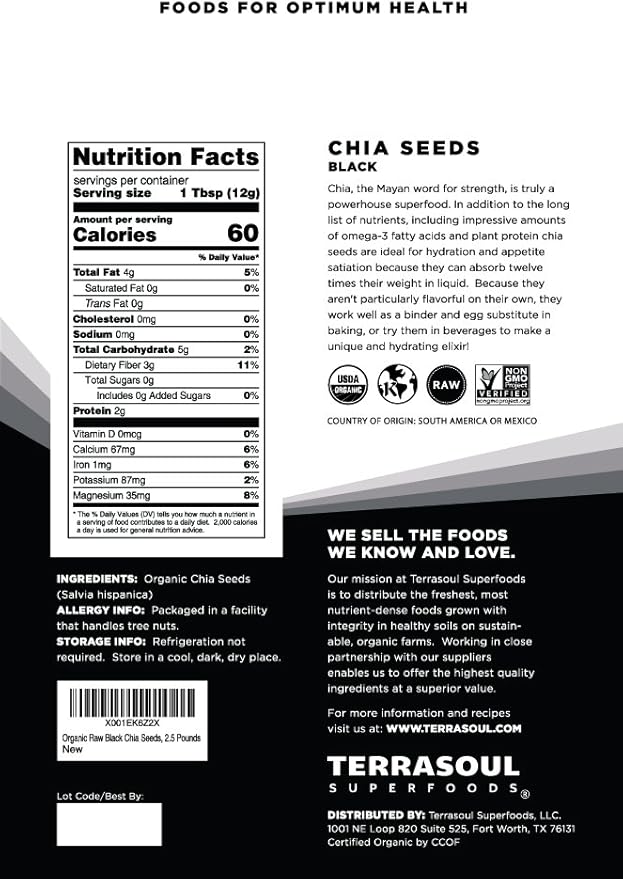 Terrasoul Superfoods Organic Black Chia Seeds, 7.5 Pounds (Pack of 3), Bulk Size, Non-GMO, Vegan, Gluten-Free
