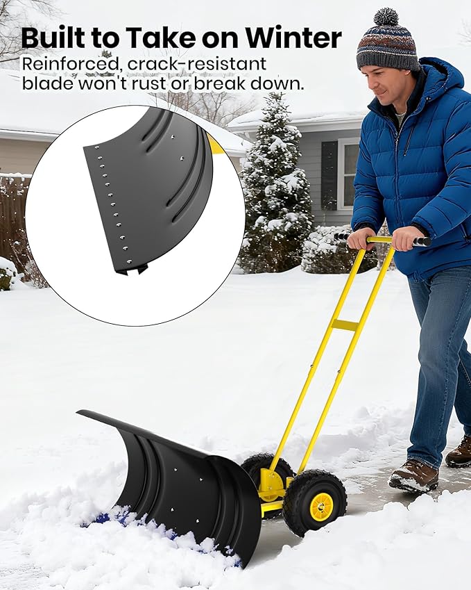 36" Snow Pusher Shovel with Wheels, Adjustable Ergonomic T-Handle Snow Plow for Driveway, Heavy Duty Wheeled Rolling Shovels for Driveway and Sidewalks with Angeled Blade