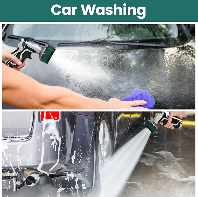 Garden Hose Nozzle, Heavy Duty Metal Water Hose Sprayer Nozzle with 8 Spray Patterns, High Pressure Handheld Nozzle with Flow Control for Lawn & Plant Watering, Car Washing – Forest Green