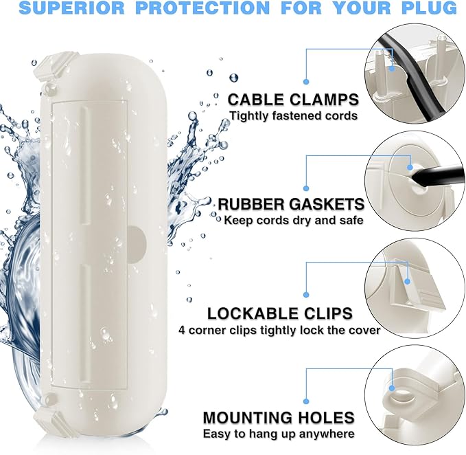 Flemoon [3 Pack] Outdoor Extension Cord Safety Cover with Waterproof Seal, Weatherproof Electrical Connection Box for Outdoor Outlet, Plug, Socket, Halloween, Christmas Holiday Decoration Light, White