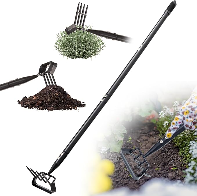 Garden Hoe, Heavy Duty Stirrup Hoe with 30-63" Adjustable Long Handle, Hula Hoe Garden Tool for Weeding, Double Action Scuffle Loop Hoe with Cultivator Rake for Loosening Soil for Gardening