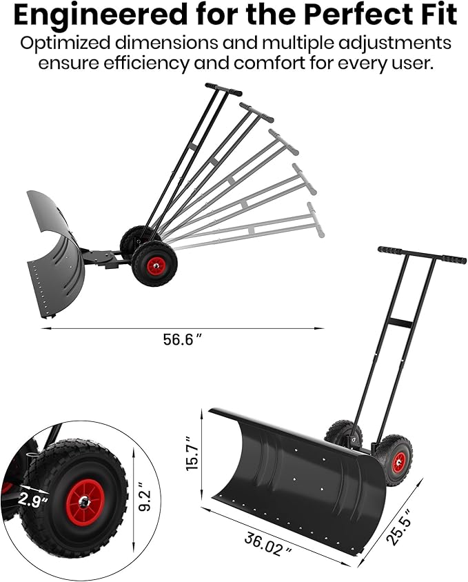 36" Snow Pusher Shovel with Wheels, Adjustable Ergonomic T-Handle Snow Plow for Driveway, Heavy Duty Wheeled Rolling Shovels for Driveway and Sidewalks with Angeled Blade