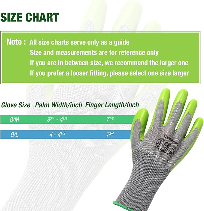 WORKPRO 6 Pairs Garden Gloves, Work Glove with Eco Latex Palm Coated, Gardening Glove, Working Gloves for Weeding, Digging, Raking, and Pruning (Large)