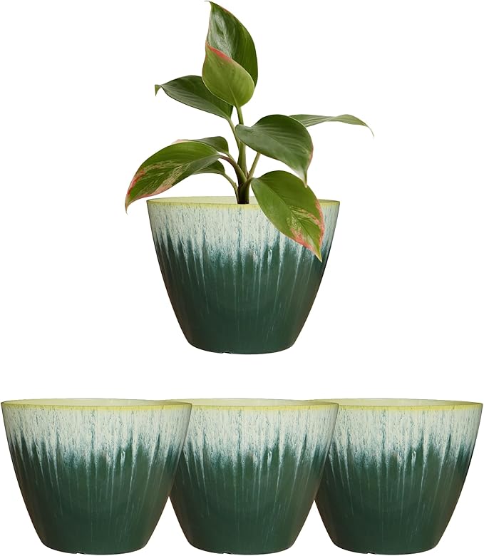 8 inch Plant Pots with Drainage Holes, Pack of 4 Plastic Flower Pots Indoor, Modern Glossy Finishing Planter for Indoor Outdoor Plants (Green Glaze, 4 Pack)