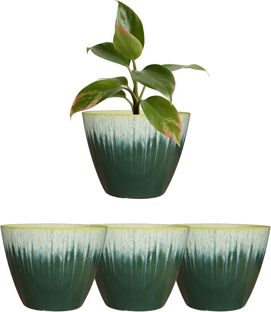 8 inch Plant Pots with Drainage Holes, Pack of 4 Plastic Flower Pots Indoor, Modern Glossy Finishing Planter for Indoor Outdoor Plants (Green Glaze, 4 Pack)