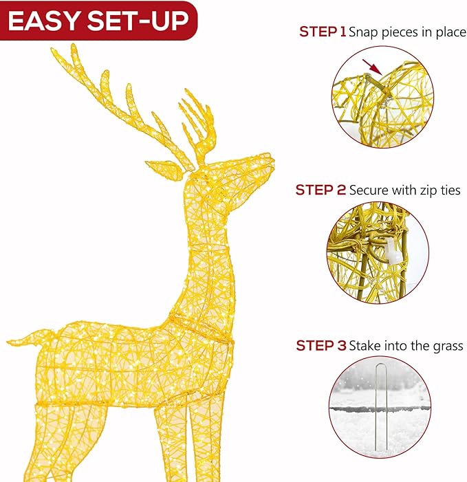 Hykolity 4.5 FT 3D Lighted Outdoor Christmas Reindeers Family, 3-Piece Light Up Twinkling Deer Set with 1660 Warm White LED Lights, Groud Stakes, Zip Ties for Holiday Decorations