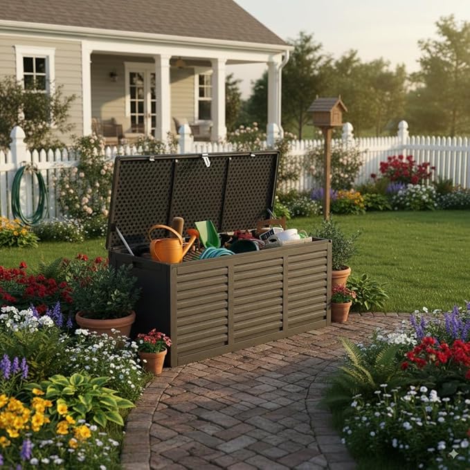 HUGROVE Resin Deck Box, 130 Gallon Outdoor Storage Box with Lockable Lid, Waterproof Patio Storage for Garden Tools & Outdoor Accessories (Dark Black)