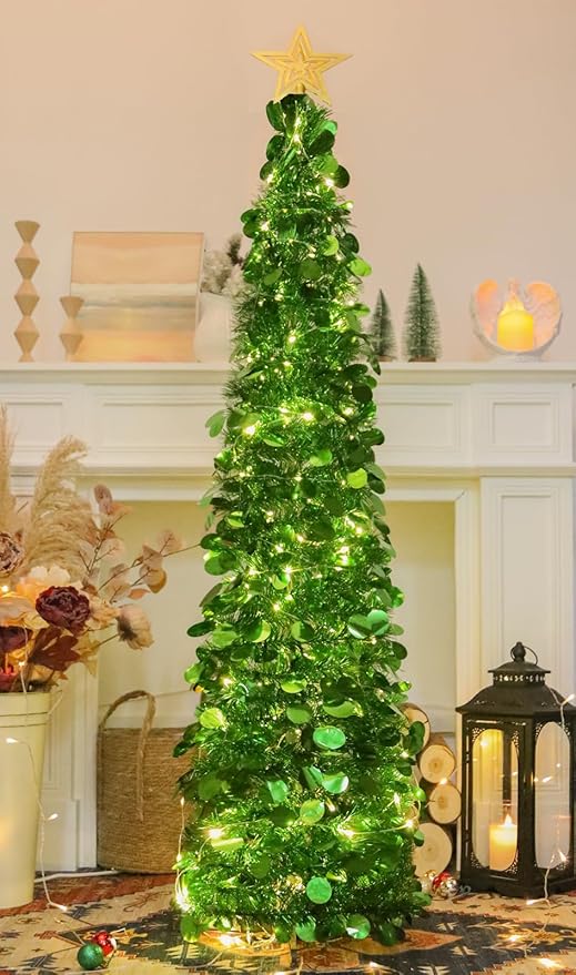HMASYO 5 FT Pop Up Christmas Tree with Timer Lights, Green Christmas Tinsel Tree, Collapsible Artificial Pencil Christmas Tree for Indoor Home Apartment Porch Holiday Party Decorations