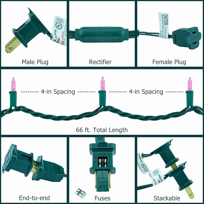 YULETIME 200 Count Pink LED Christmas Lights, 66 Feet Green Wire UL Certified Commercial Grade Holiday String Light Set (Pink)