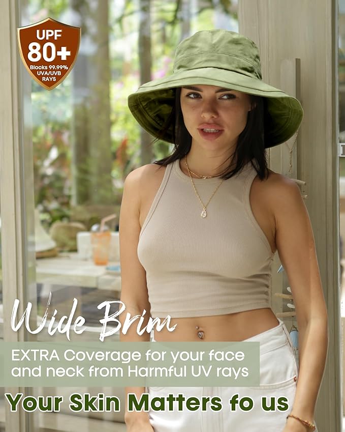 Sun Hats for Women Gardening Hat Wide Brim Ponytail Beach Sun Protection Breathable Cotton Summer Hat with Fold-Up Brim