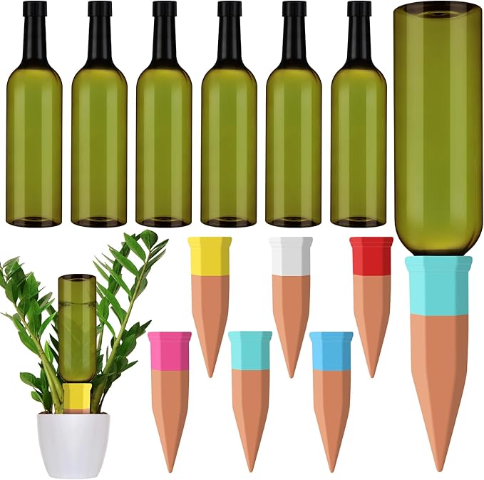 6 Sets Plant Watering Devices Include 6 Terracotta Self Watering Spikes and 6 Pcs 26 oz Plastic Bottles, Slow Release Vacation Insert Automatic Plant Waterer Device (Mixed Colors)