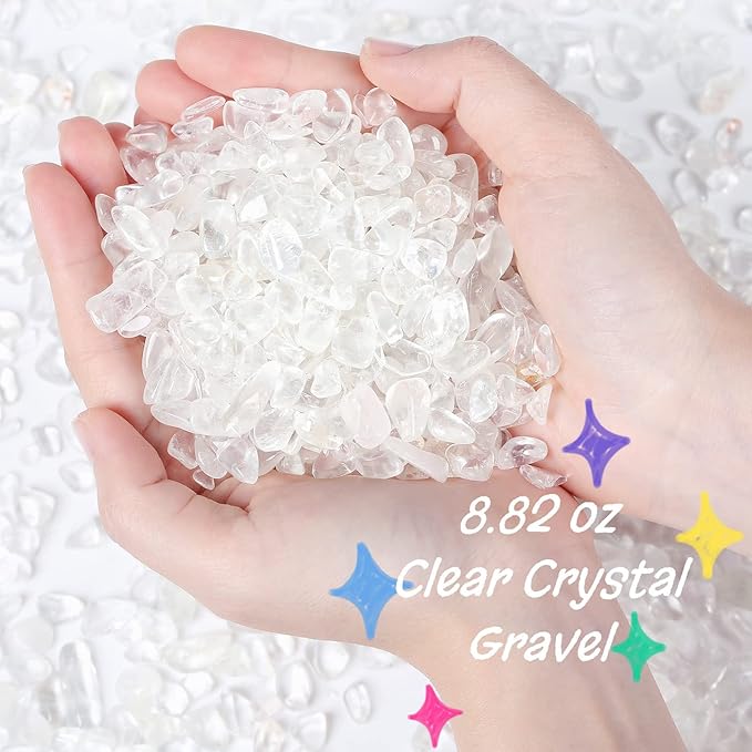 Clear Quartz Crystals Tumbled Stones Polished Rocks Chips Stone Crushed Crystal Healing Natural Gem Gravel Home Decoration mini Aquarium Tank Plants Small Vase Filler Landscape Bottom Ornament 250G