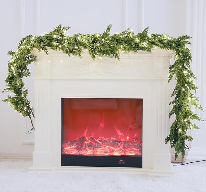 MISSPIN Christmas Garland with Lights, Real Touch Winter Cedar Pine Garland, Green Artificial Greenery Garland for Table, Mantle, Wall, Indoor, Outdoor Christmas Decorations