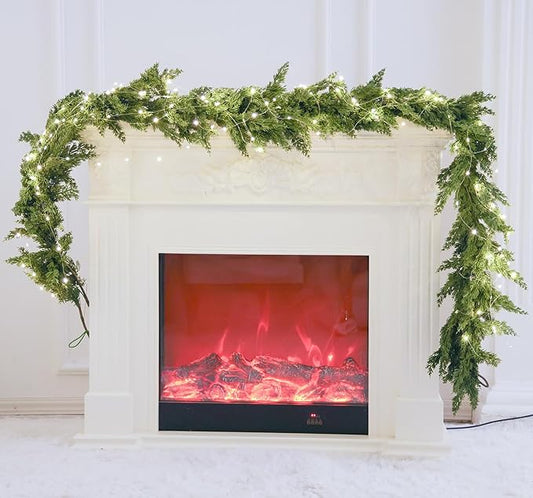 MISSPIN Christmas Garland with Lights, Real Touch Winter Cedar Pine Garland, Green Artificial Greenery Garland for Table, Mantle, Wall, Indoor, Outdoor Christmas Decorations