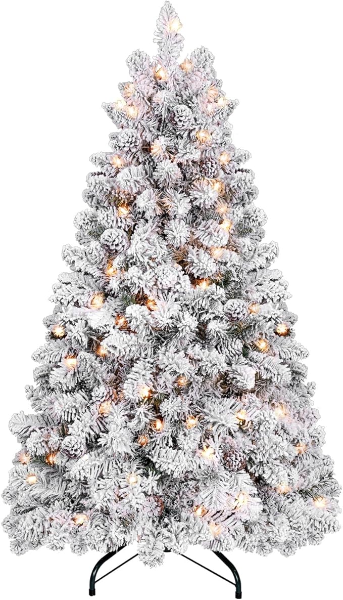 4 ft Prelit Flocked Christmas Tree with Pine Cones & 150 UL Lights, Snow Frosted Artificial Christmas Tree with Auto Hinged Stand for Holiday Decor