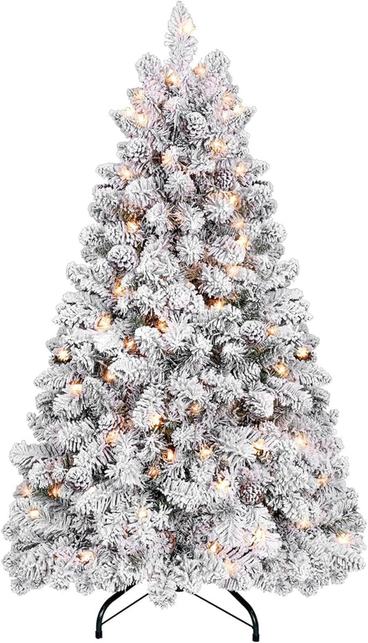 4.5 ft Prelit Flocked Christmas Tree with Pine Cones & 250 UL Lights, Snow Frosted Artificial Christmas Tree with Auto Hinged Branches for Holiday Decor