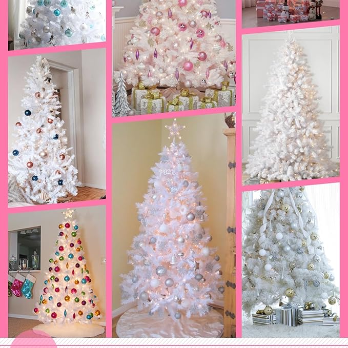 Juegoal 6 FT Artificial Christmas Tree (NOT Pre-Strung) with Remote Control, 300 LED Warm White & Multicolor Changing Lights, Fake Xmas Pine Tree with Metal Legs, 850 Branch Tips, White