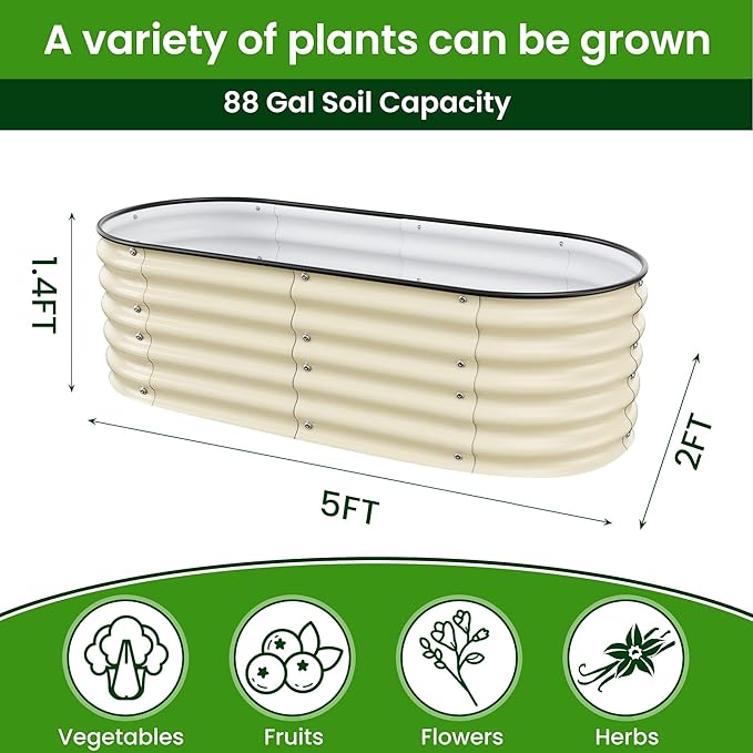 Raised Garden Bed 5x2x1.4 Ft Planter Box Outdoor with Rubber Edge Zinc-Aluminum-Magnesium Stainless Steel Durable Metal Garden Beds Kit for Vegetables, Flowers, Herbs and Succulents（Ivory）