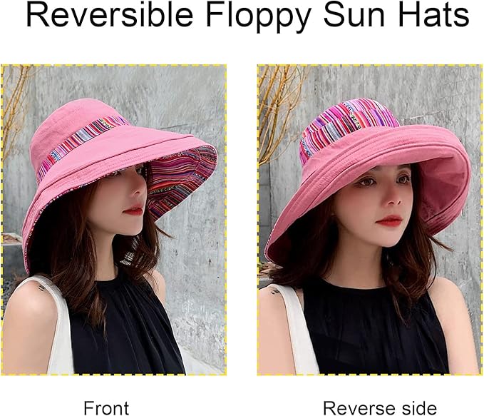 Women Wide Brim Sun Hats Metal Wired Edge Summer UV Protection Beach Fishing Hat for Hiking Garden Travel Chin Strap