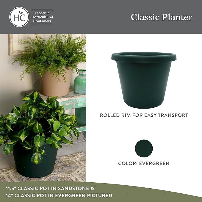 The HC Companies Classic Round Plastic Plant Pot w/Rolled Rim - Lightweight & UV Resistant Flower Pot for Herbs & More - Outdoor & Indoor Plant Pots w/Drainage (15.5 inch Evergreen, Pack of 2)