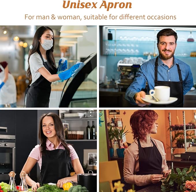 4 Pack Adjustable Apron, Black Apron with 2 Pockets, Machine Washable Apron Perfact for Cooking, Grilling, Dishwashing, Restaurant Work, Best Assistant for Chef Waiter Artist