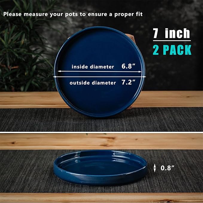 Ceramic Plant Saucer 7 Inch, 2 Pack Round Plant Trays for Indoors/Outdoors, Flower Pot Saucers for Holding Water Drips and Soil, Ceramic Drainage Tray for Plant Pot (Blue)