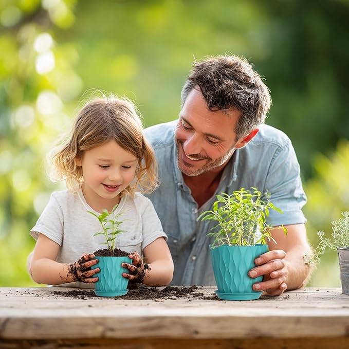 7/6.5/6/5.5/5/4.5/4 inch Plant Pots for Indoor Outdoor Plants, 7 Pack Thick Flower Pots with Drainage Holes and Saucers, Modern Wave Texture Small Plastic Planters Nursery Pots, Blue Green