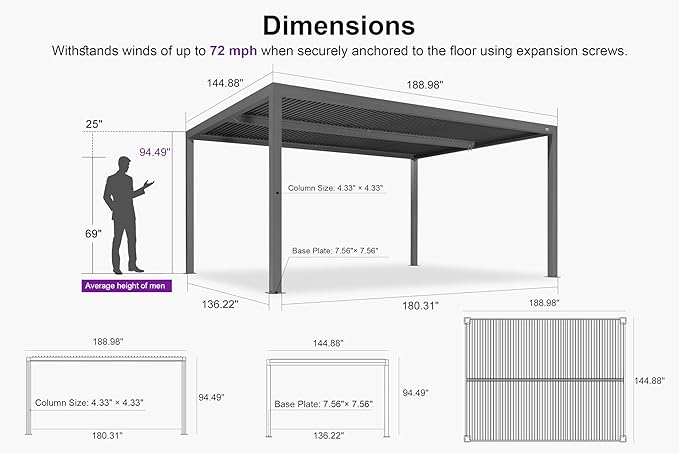 PURPLE LEAF Louvered Pergola 12' x 16' Outdoor Retractable Modern Hardtop Full Aluminum Pergola with Adjustable Rainproof Roof and 24 White LED String Lights for Patio Deck Backyard Slate Grey