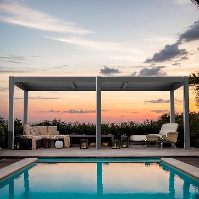 LVUYOYO Outdoor Louvered Pergola 10' x 20', Patio Aluminum Pergola with Adjustable Roof, Waterproof Metal Gazebo for Backyard, Garden, Deck (Black)