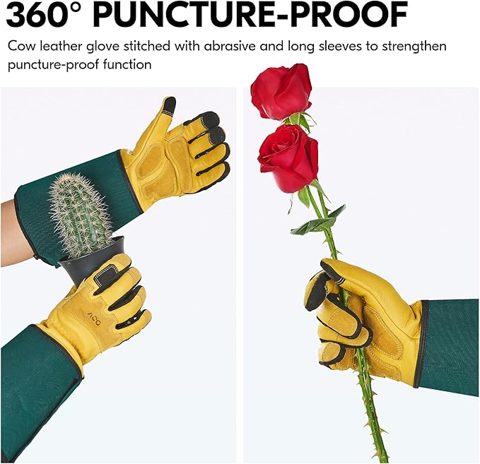 Vgo... Safety Work Gloves Men,Extra-long Cuff, Cow Grain Leather,Puncture-proof, Thornproof, Durability, Touchscreen,Gardening (1 Pair,Size L, Golden Green, CA7472)