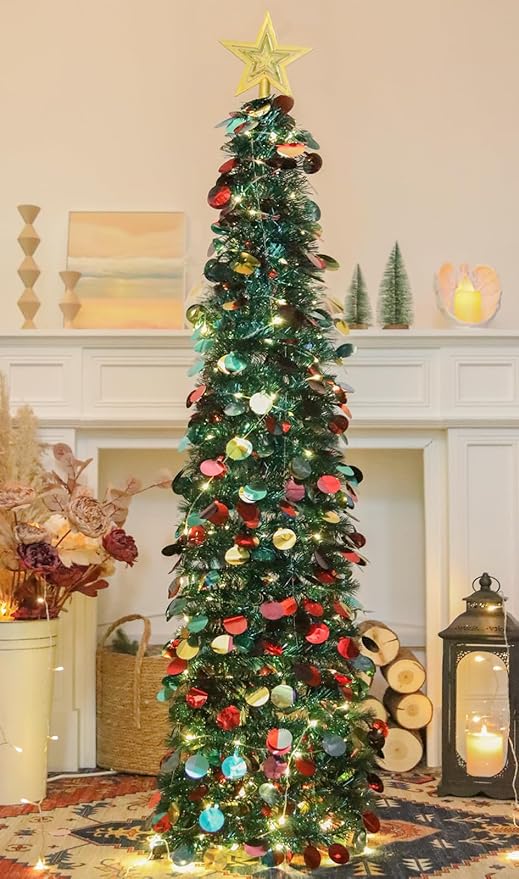 HMASYO 5 FT Pop Up Christmas Tree with Timer Lights, Blue Christmas Tinsel Tree, Collapsible Artificial Pencil Christmas Tree for Indoor Home Apartment Porch Holiday Party Decorations