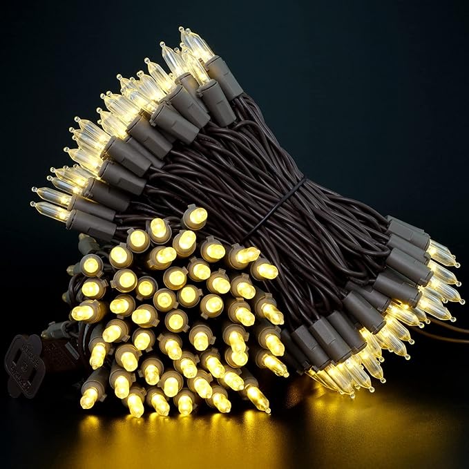 YULETIME 200 Warm White LED Christmas Lights, 66 Feet Brown Wire UL Certified Commercial Grade Holiday String Light Set