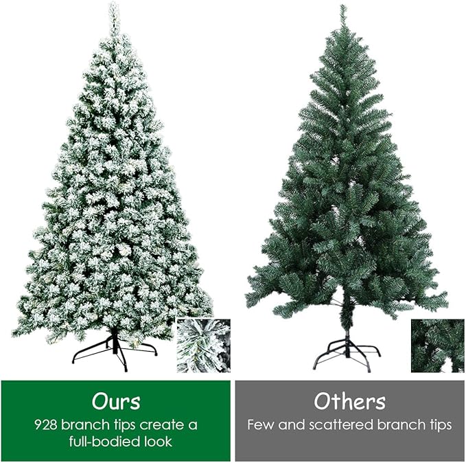 Happygrill 6FT Pre-lit Artificial Hinged Christmas Pine Tree Snow Flocked Christmas Tree with Solid Metal Stand Flexible Branches Traditional Festival Decoration Tree