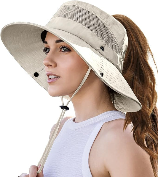 EW EastWater Beach Sun Bucket Hats for Women,UV Protection High Ponytail Hole UPF 50+ Waterproof for Hiking Safari Fishing