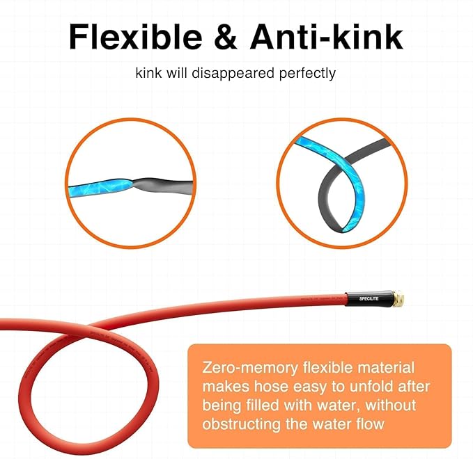 SPECILITE 5/8" Hot/Cold Rubber Garden Water Hose 50 ft, -50℉-190℉, 200psi Working, 600psi Burst, Flexible & Lightweight With 3/4" Brass Fittings for Yard, Outdoor, Farm, Agriculture, Construction, Red