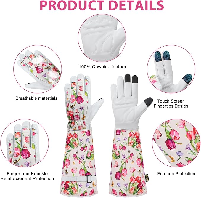DLY Gardening Gloves for Women, Rose Gloves Gardening Thorn Proof, Long Garden Gloves for Women, Breathable Cowhide Leather Gauntlet(X-Large,White)