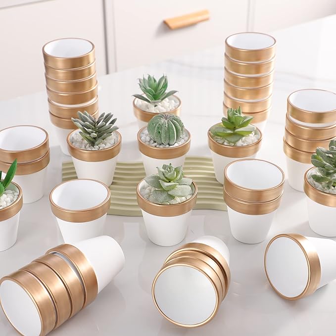 36 PCS Small Mini White&Gold Clay Pots with Drainage Holes,2.5inch Terra Cotta Pot Clay Ceramic Pottery Planter,Succulent Nursery Pot/Cactus Plant Pot,for Indoor/Outdoor Plants, Crafts, Wedding Favor
